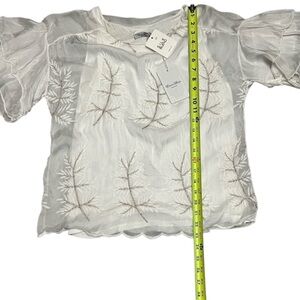 NWT Elena B Italy Silk Chiffon Silver Embroidered Floral Ruffle Relaxed Blouse S